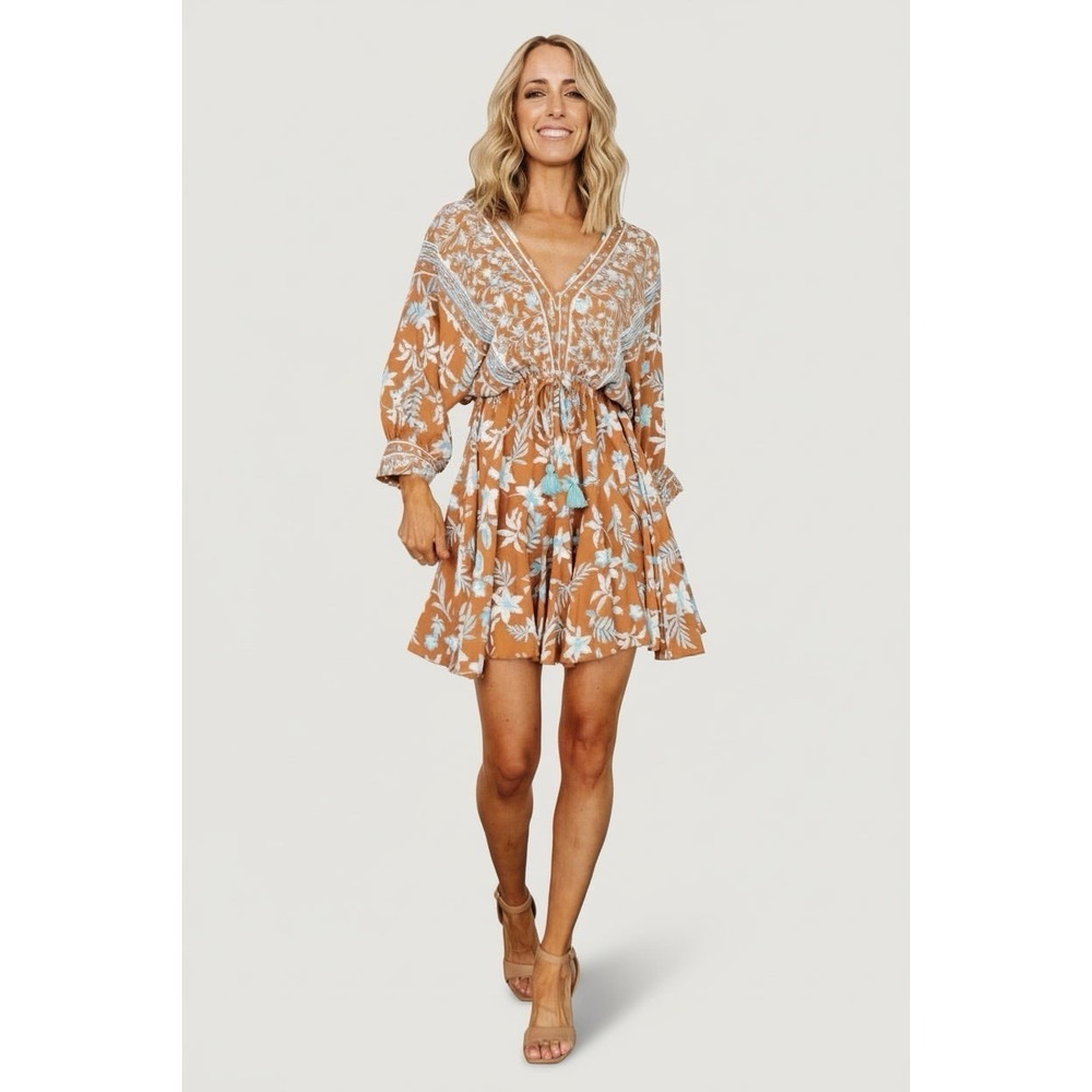 Baltic Born Adria Mini Dress XL Camel Blue Boho Deep V Floral Beachy Flirty Date